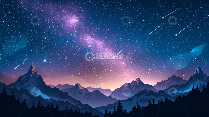 高清大图下载【趣麦麦图】星空下的群山与流星雨