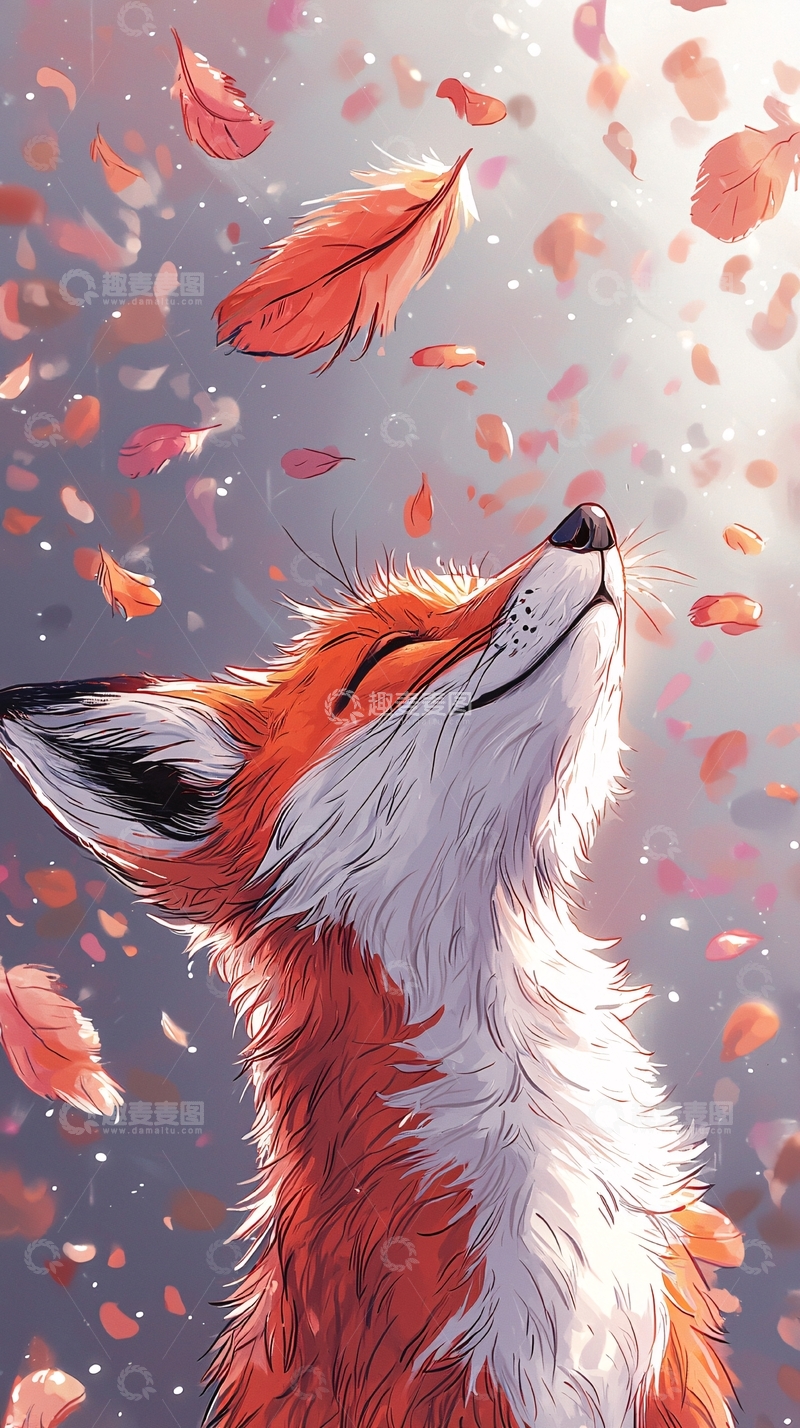 高清大图下载【趣麦麦图】狐狸抬头享受羽毛飘落