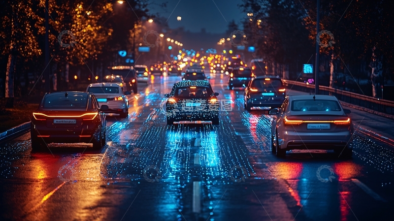 高清大图下载【趣麦麦图】夜景雨天城市道路拥堵