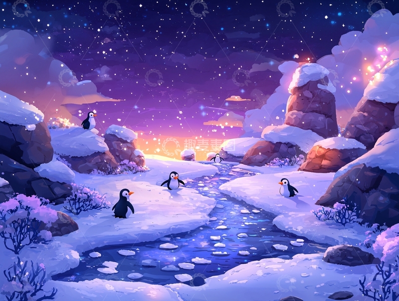 高清大图下载【趣麦麦图】冬日企鹅星空夜景插画