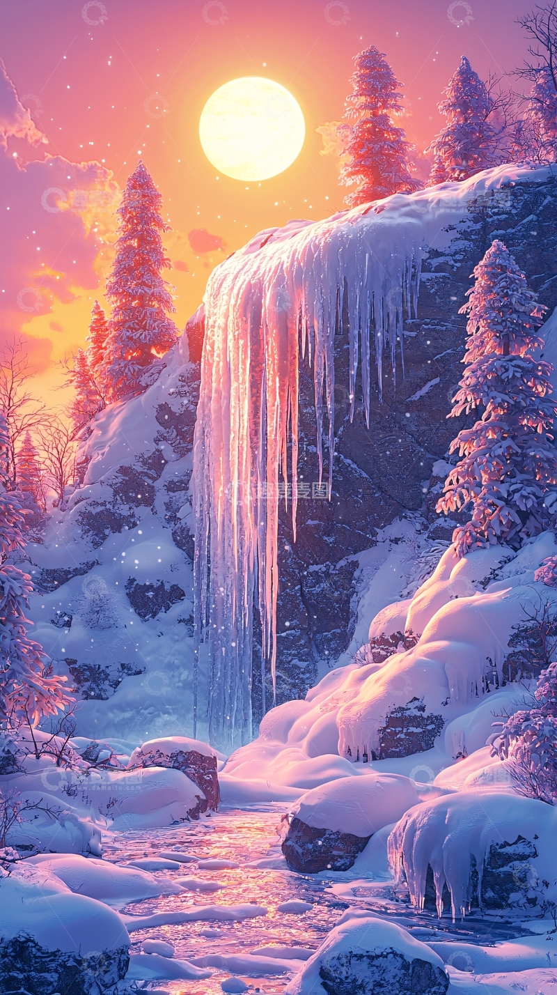高清大图下载【趣麦麦图】冰雪瀑布与日落