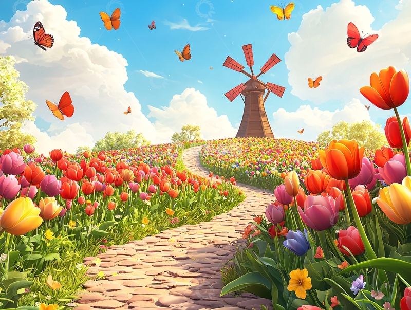 高清大图下载【趣麦麦图】郁金香花田风车卡通