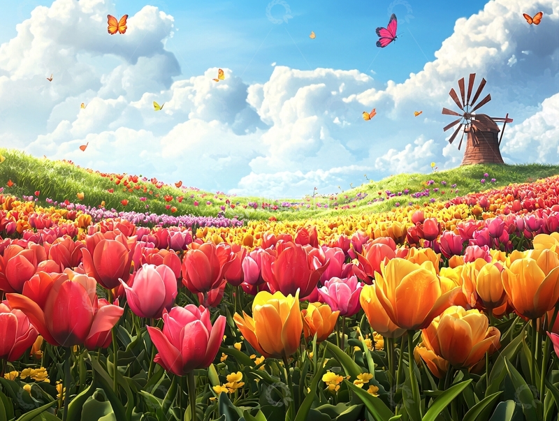 高清大图下载【趣麦麦图】郁金香花田蓝天白云蝴蝶