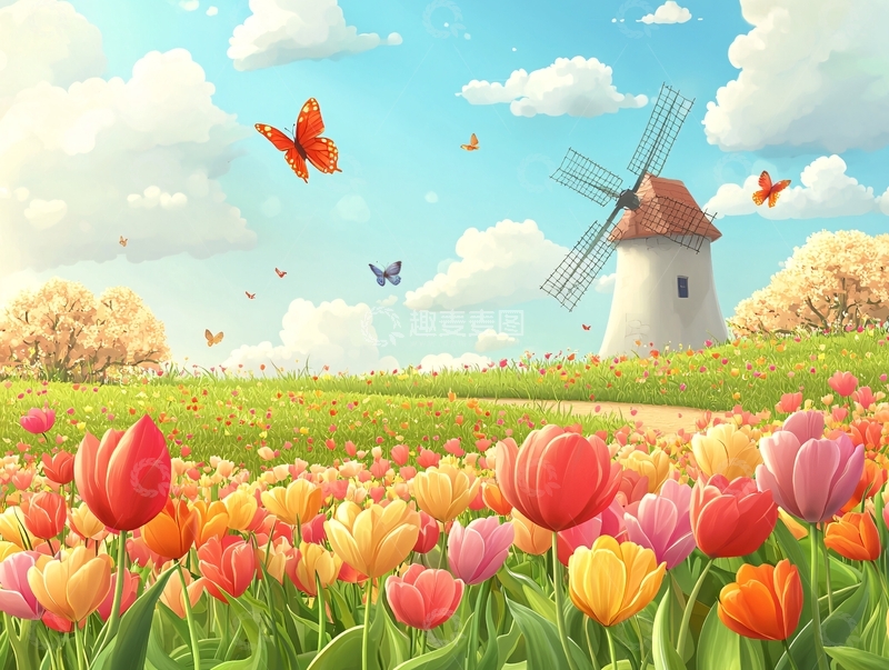 高清大图下载【趣麦麦图】郁金香花田风车风景