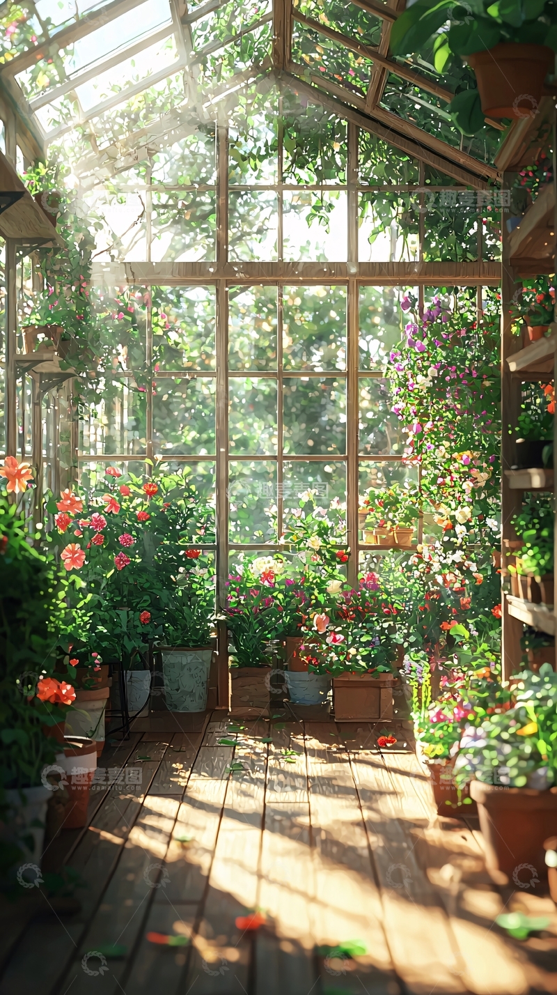 高清大图下载【趣麦麦图】阳光洒满鲜花的温室