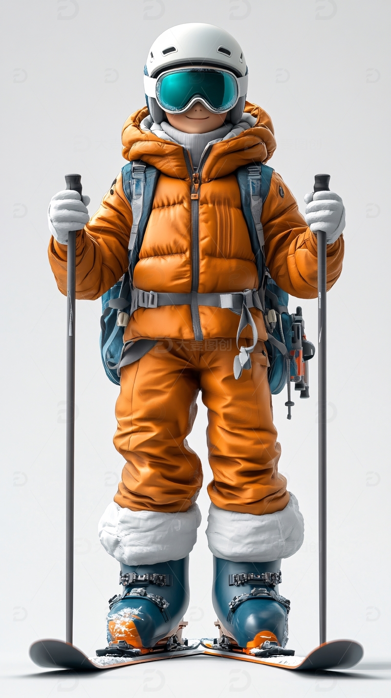 高清大图下载【趣麦麦图】穿着橙色滑雪服的小孩