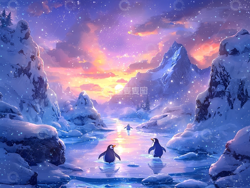 高清大图下载【趣麦麦图】南极冰川上的企鹅暮光