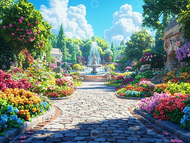 高清大图下载【趣麦麦图】鲜花盛开的喷泉花园