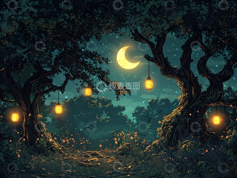 高清大图下载【趣麦麦图】-夜色森林中的月亮与灯笼
