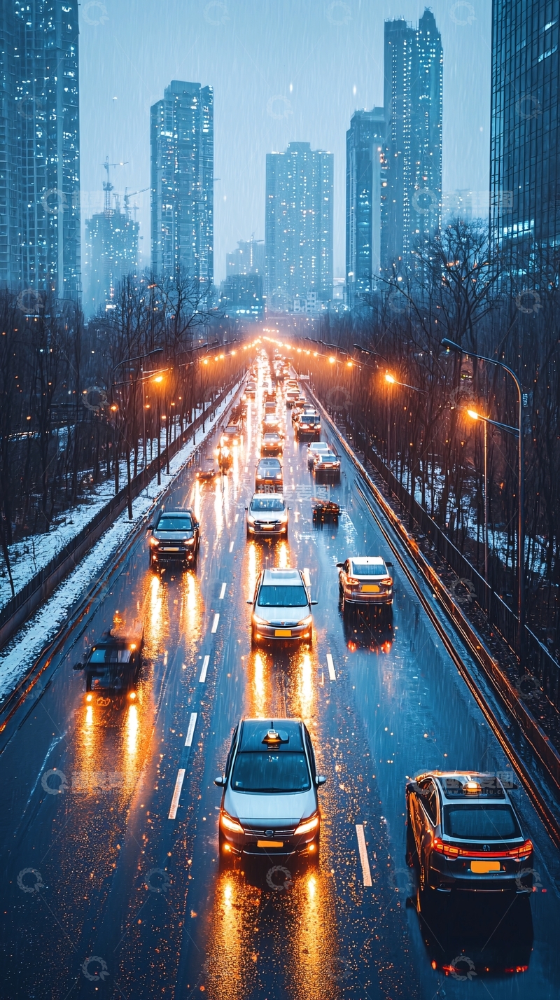 高清大图下载【趣麦麦图】雪夜城市街道车辆