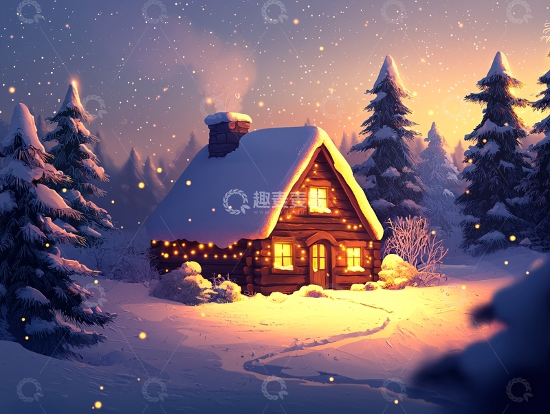 高清大图下载【趣麦麦图】雪夜小屋温馨灯光