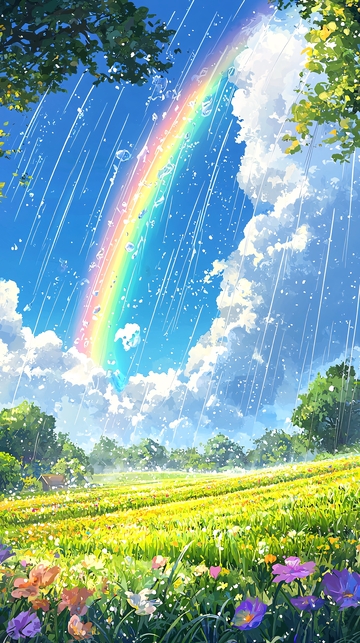 雨后彩虹下的田园风光