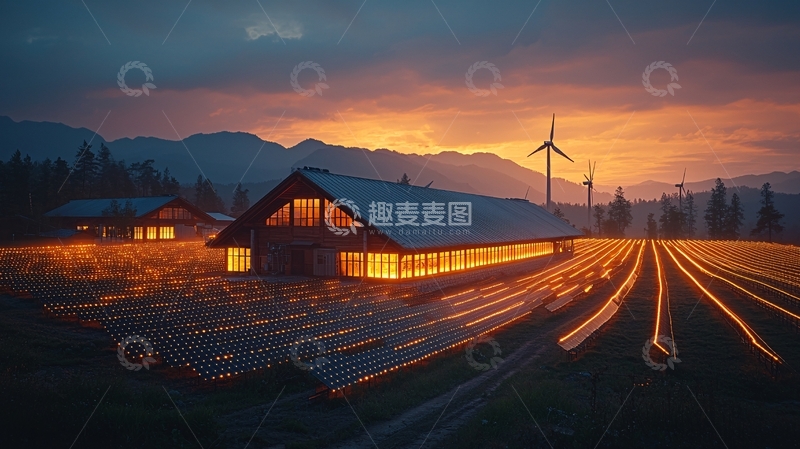 高清大图下载【趣麦麦图】傍晚农场风力发电机景色