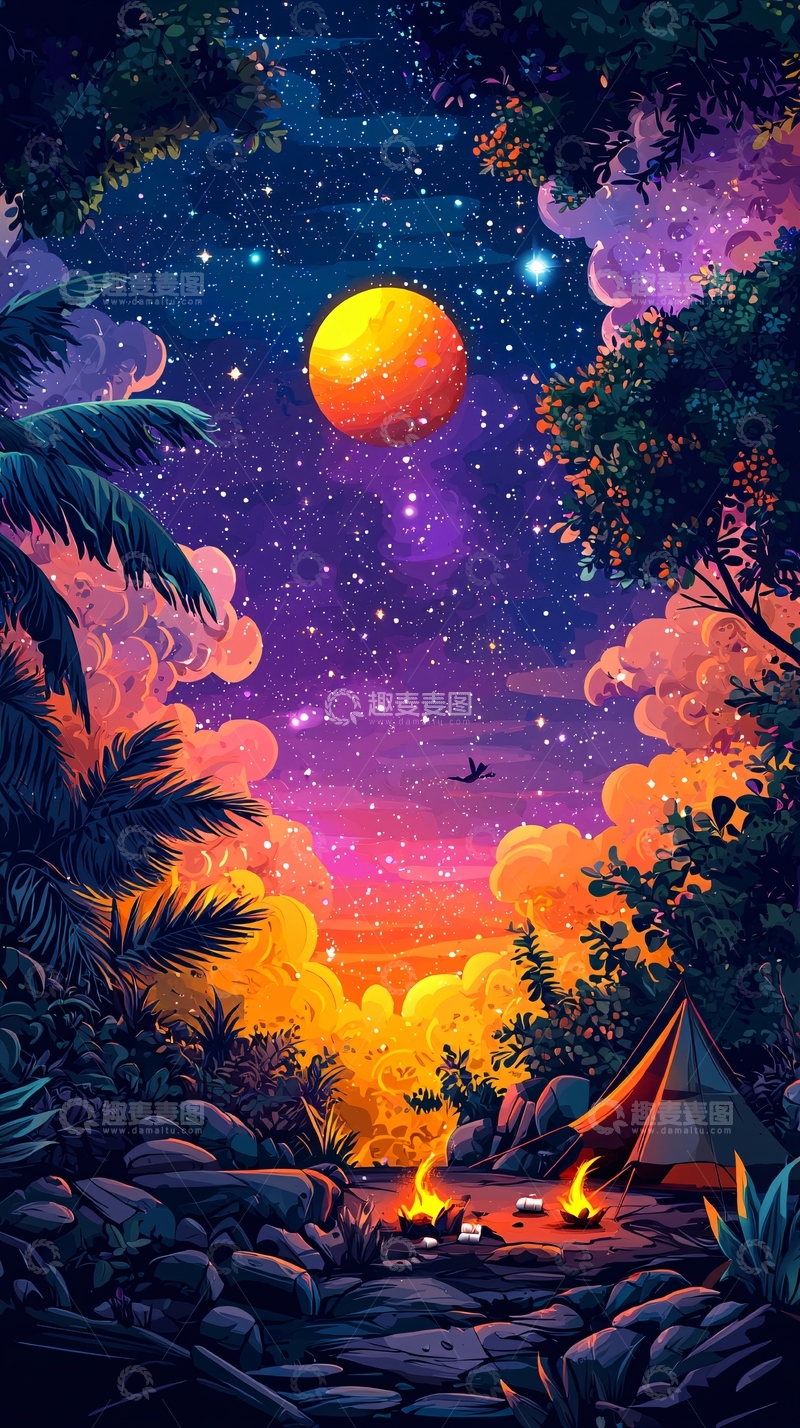 高清大图下载【趣麦麦图】夜晚星空下的露营地