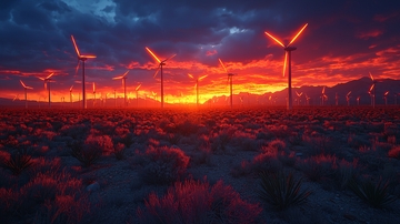 燃红的夕阳下的风力发电场