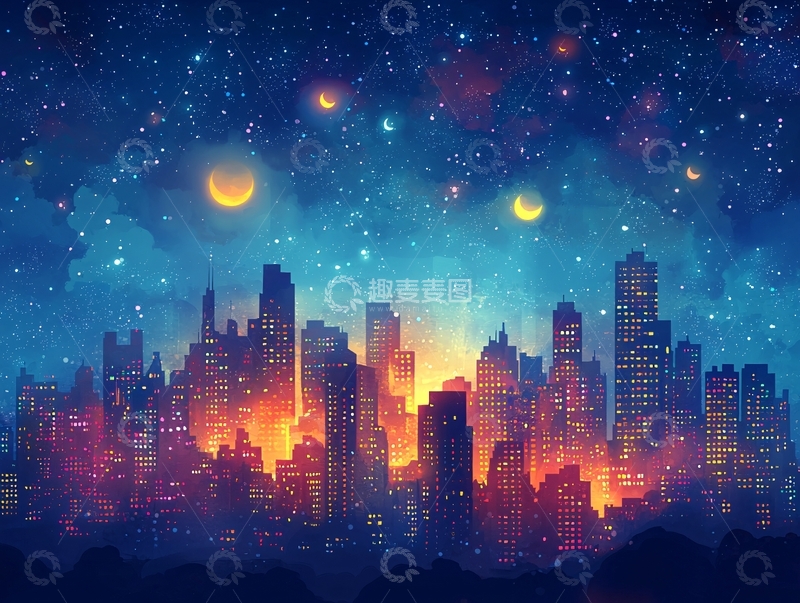 高清大图下载【趣麦麦图】梦幻星空下的城市夜景