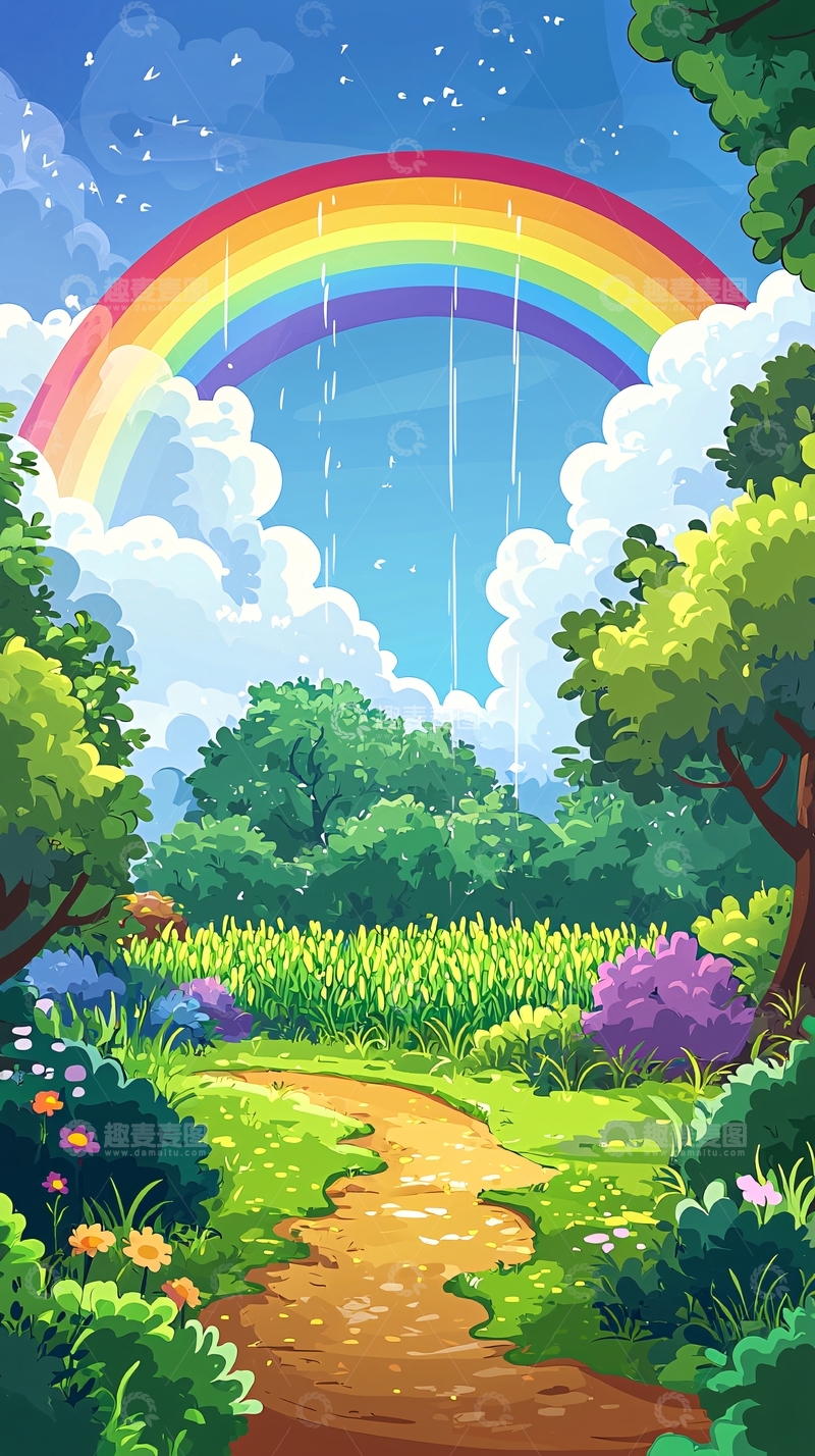 高清大图下载【趣麦麦图】彩虹雨后森林小路