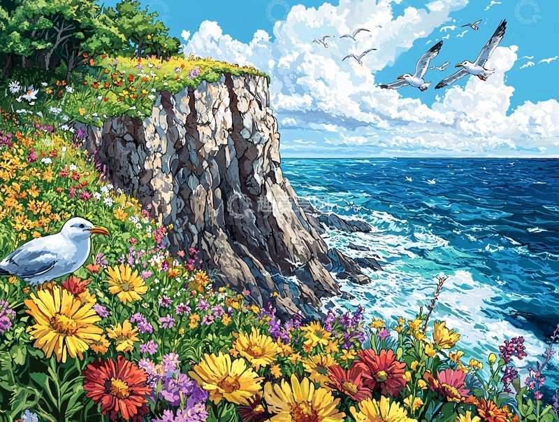高清大图下载【趣麦麦图】海边悬崖峭壁鲜花