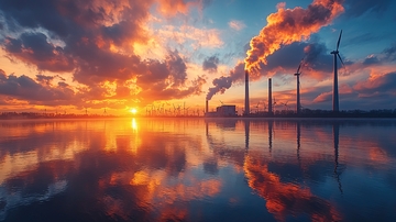 日落工业污染水面倒影