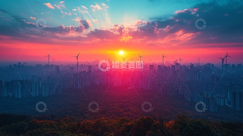 高清大图下载【趣麦麦图】绚丽多彩的日出风力发电