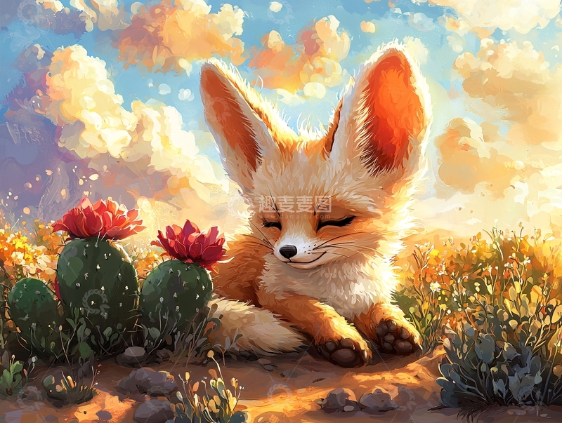 高清大图下载【趣麦麦图】小狐狸在仙人掌旁休息
