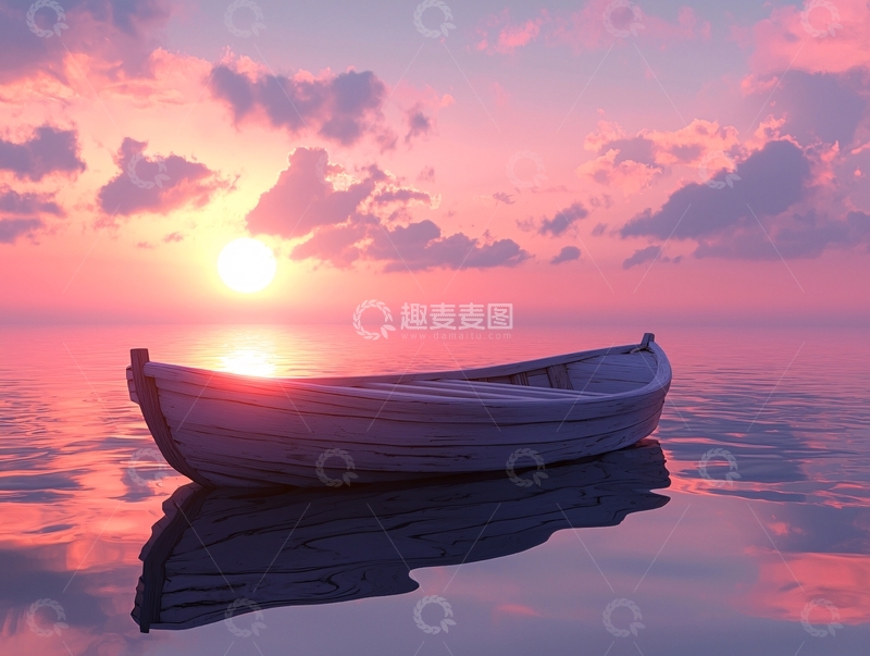 高清大图下载【趣麦麦图】日落下的平静小船