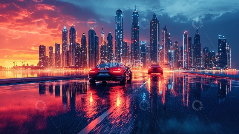 高清大图下载【趣麦麦图】极光夜景都市赛车