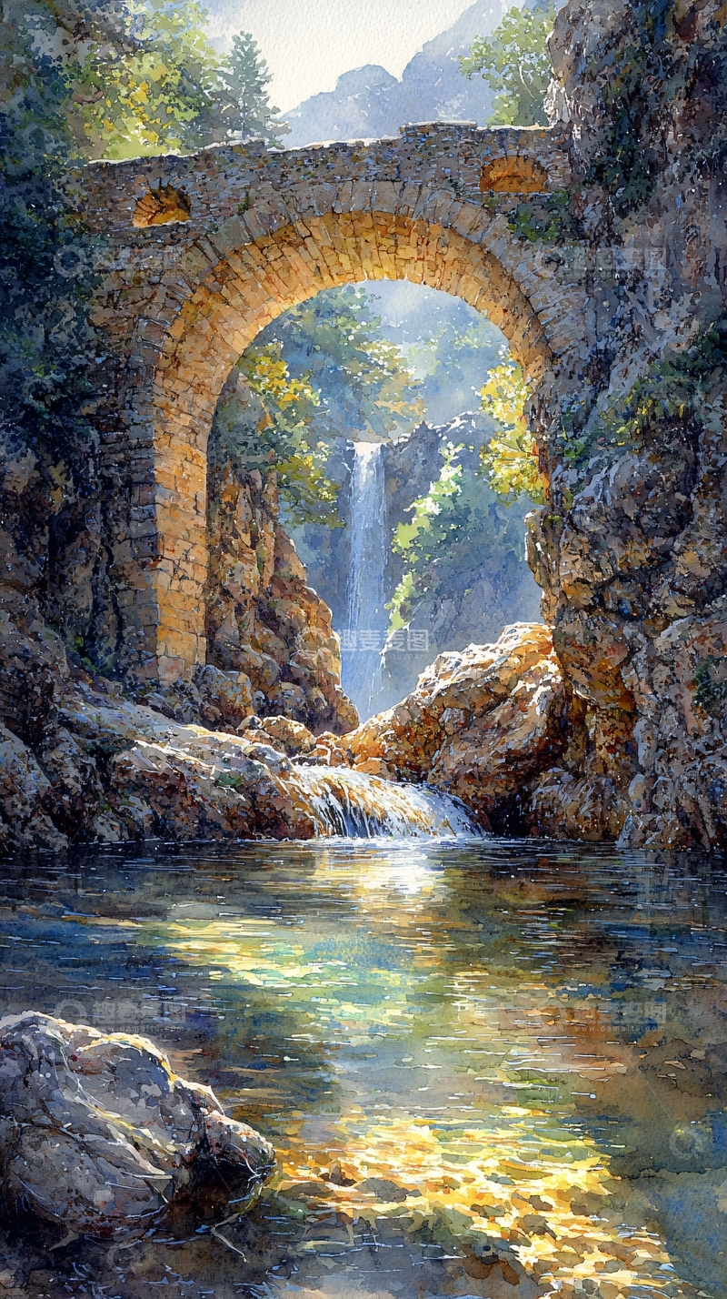 高清大图下载【趣麦麦图】古桥流水瀑布风景