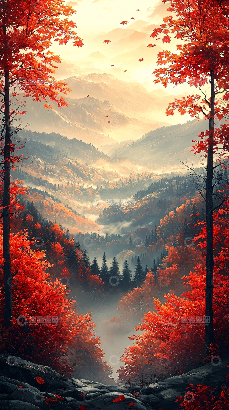 高清大图下载【趣麦麦图】秋日红叶山谷景色