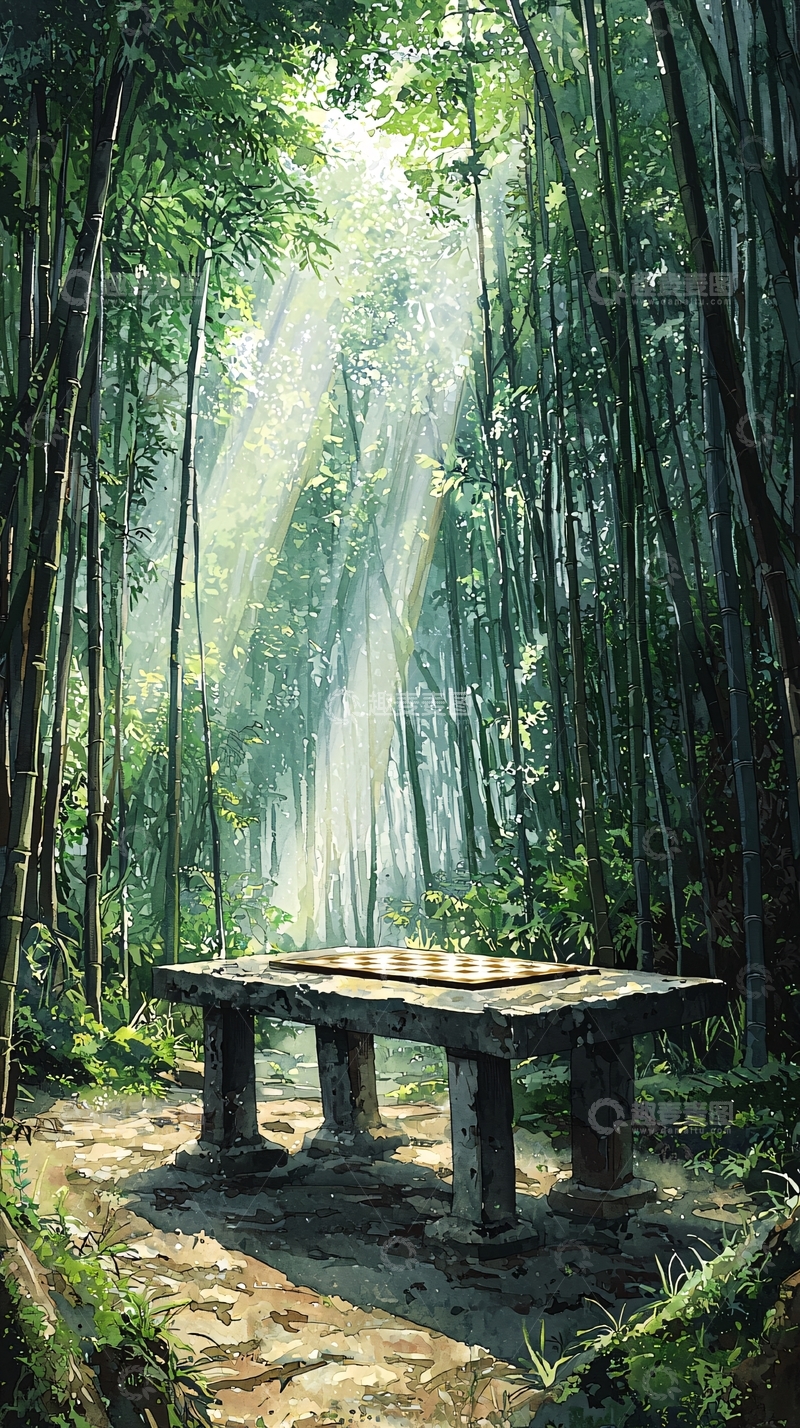 高清大图下载【趣麦麦图】阳光穿过竹林石桌