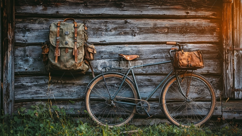 高清大图下载【趣麦麦图】复古自行车和背包的静物