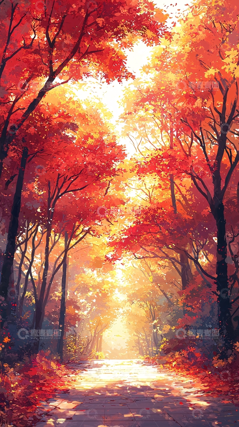 高清大图下载【趣麦麦图】秋日森林的火红树木
