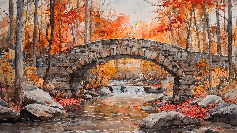 高清大图下载【趣麦麦图】秋日石桥流水风景