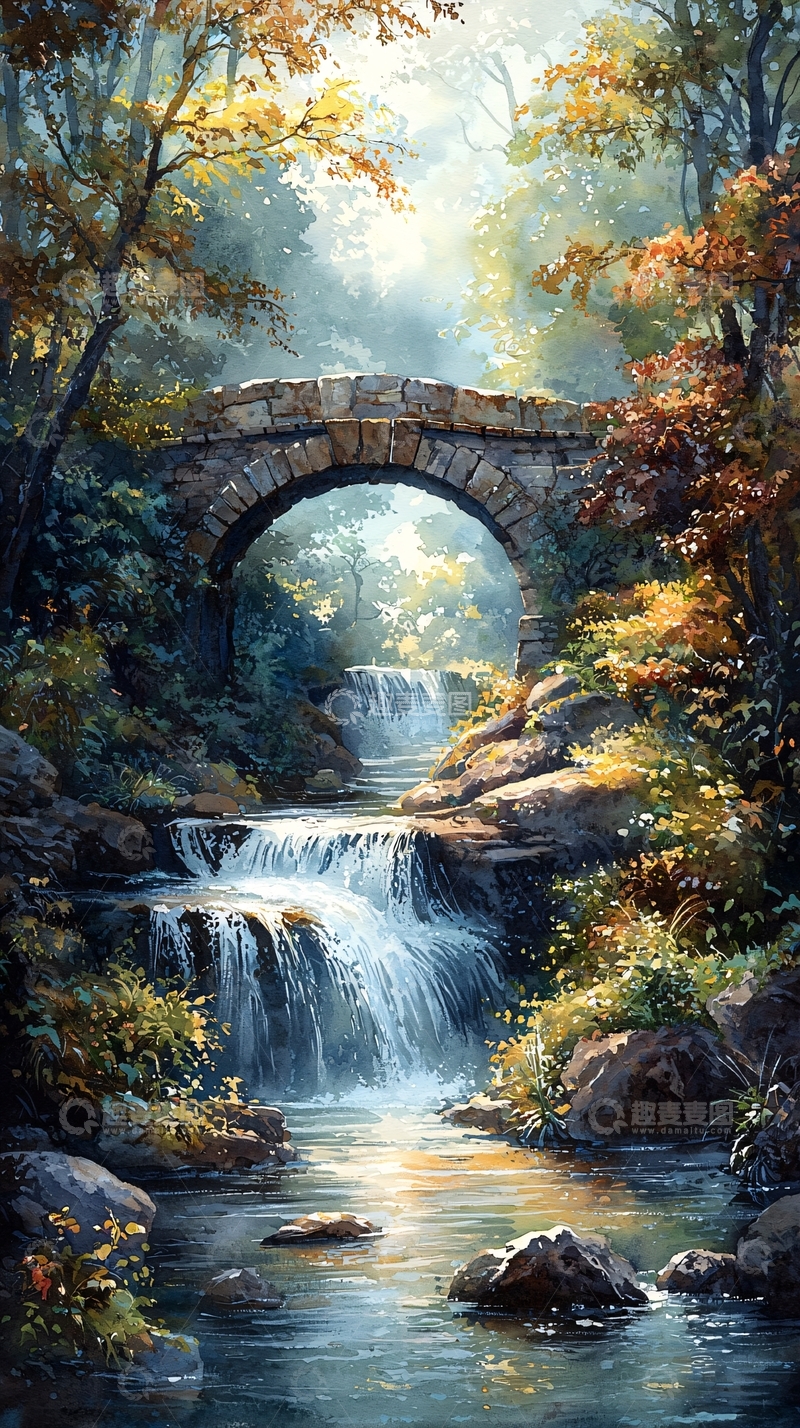 高清大图下载【趣麦麦图】石桥流水田园风光