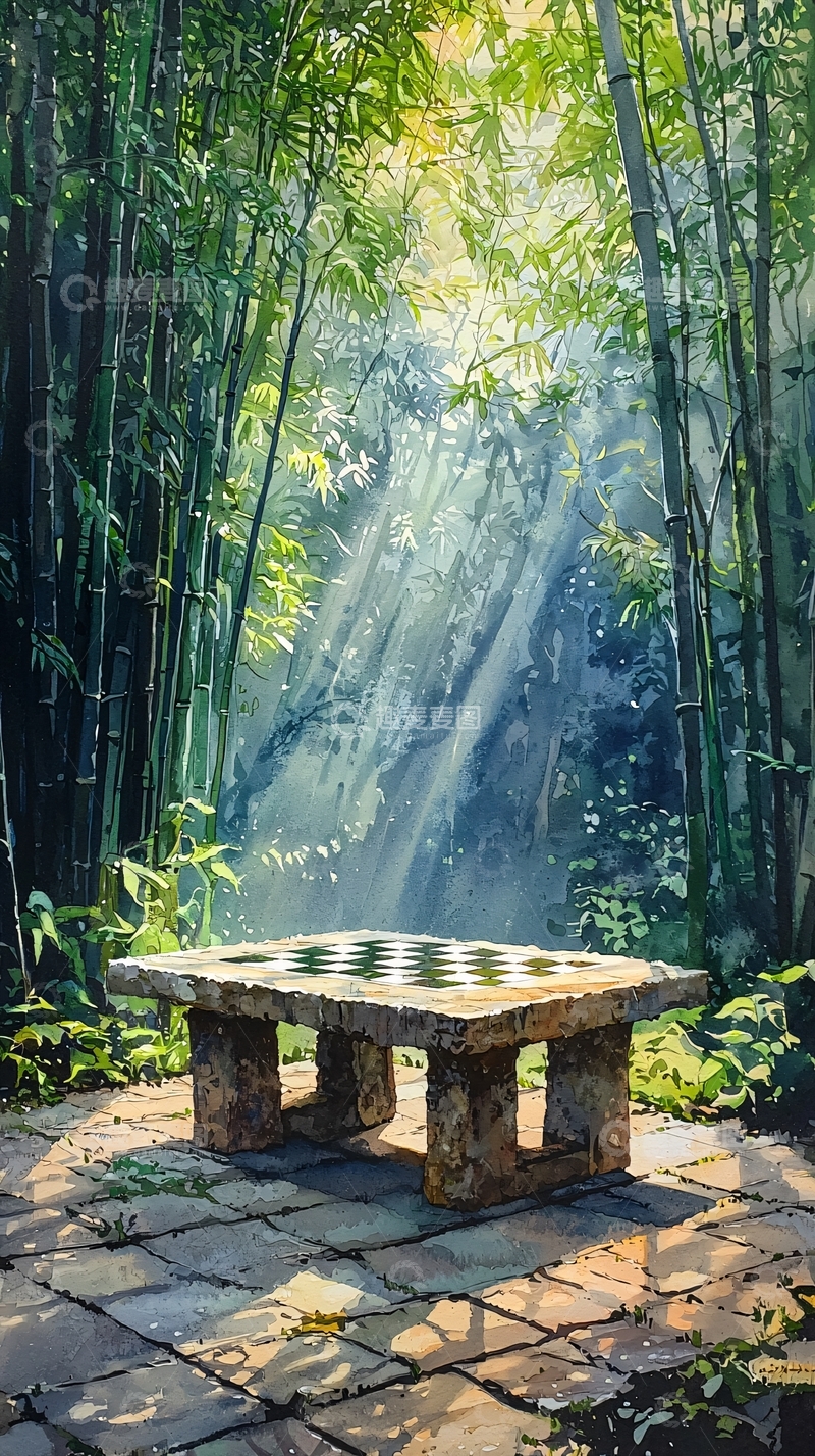 高清大图下载【趣麦麦图】阳光穿过竹林石桌静谧