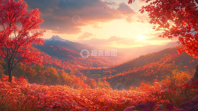 高清大图下载【趣麦麦图】秋日山谷红叶夕阳