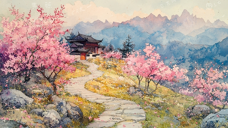 高清大图下载【趣麦麦图】粉色樱花山间古寺唯美景色
