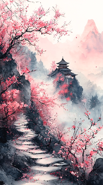 粉色樱花下的古风建筑