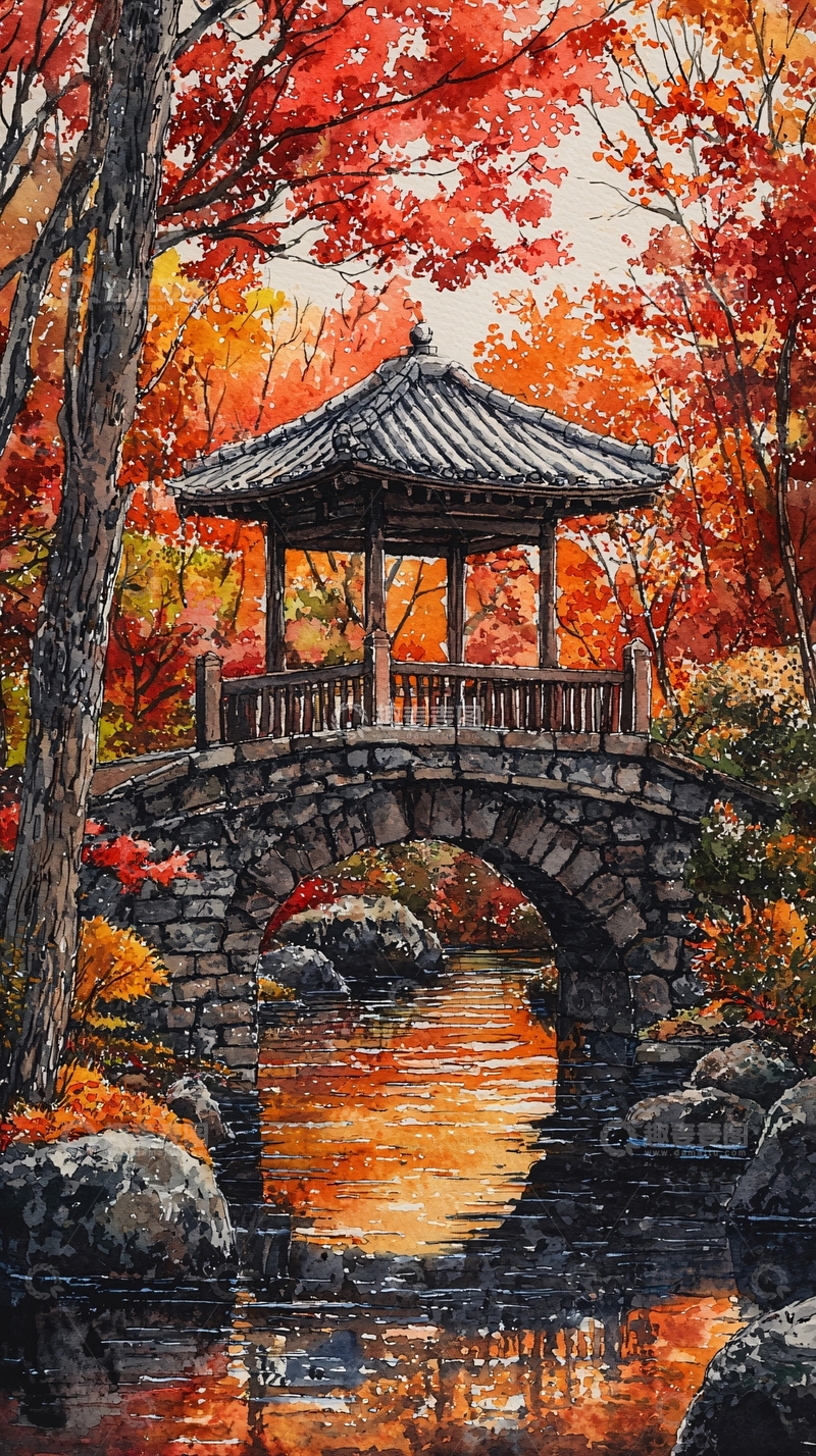 高清大图下载【趣麦麦图】秋日红叶园林小桥流水