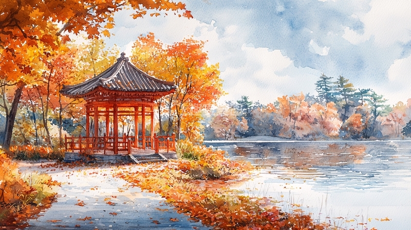 高清大图下载【趣麦麦图】秋日湖畔的中国亭子