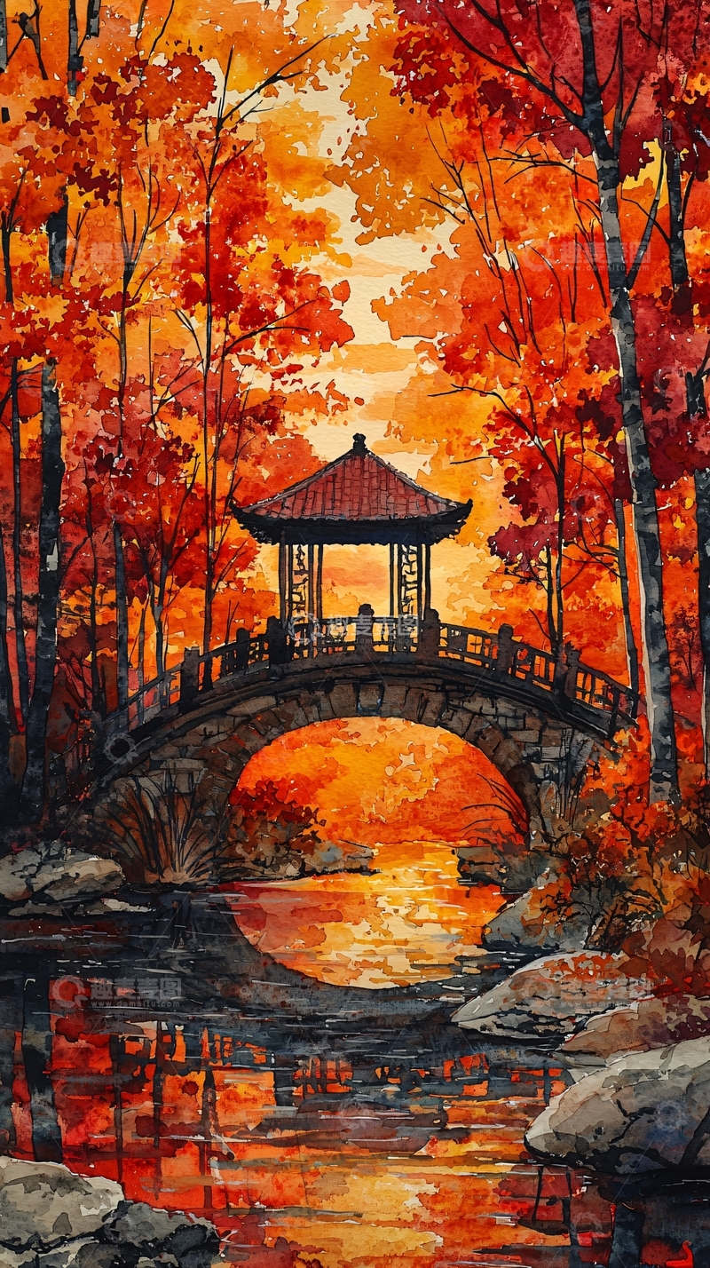 高清大图下载【趣麦麦图】水彩秋景中的亭台楼阁