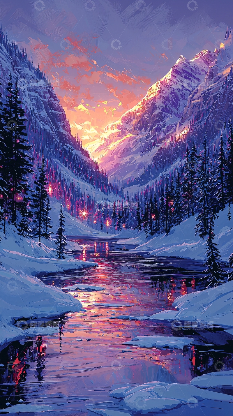 高清大图下载【趣麦麦图】雪山河畔的傍晚景色