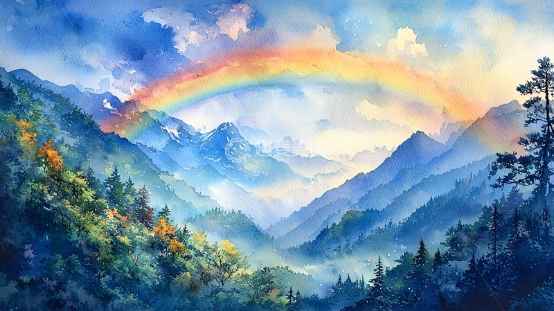 高清大图下载【趣麦麦图】彩虹山峦水彩画