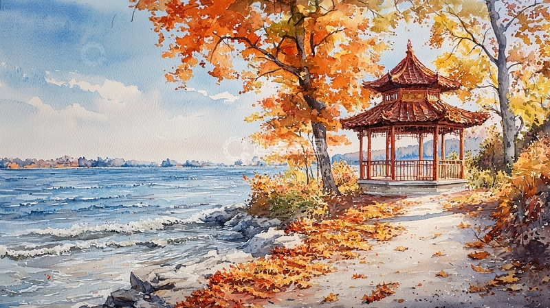高清大图下载【趣麦麦图】秋日湖边红亭
