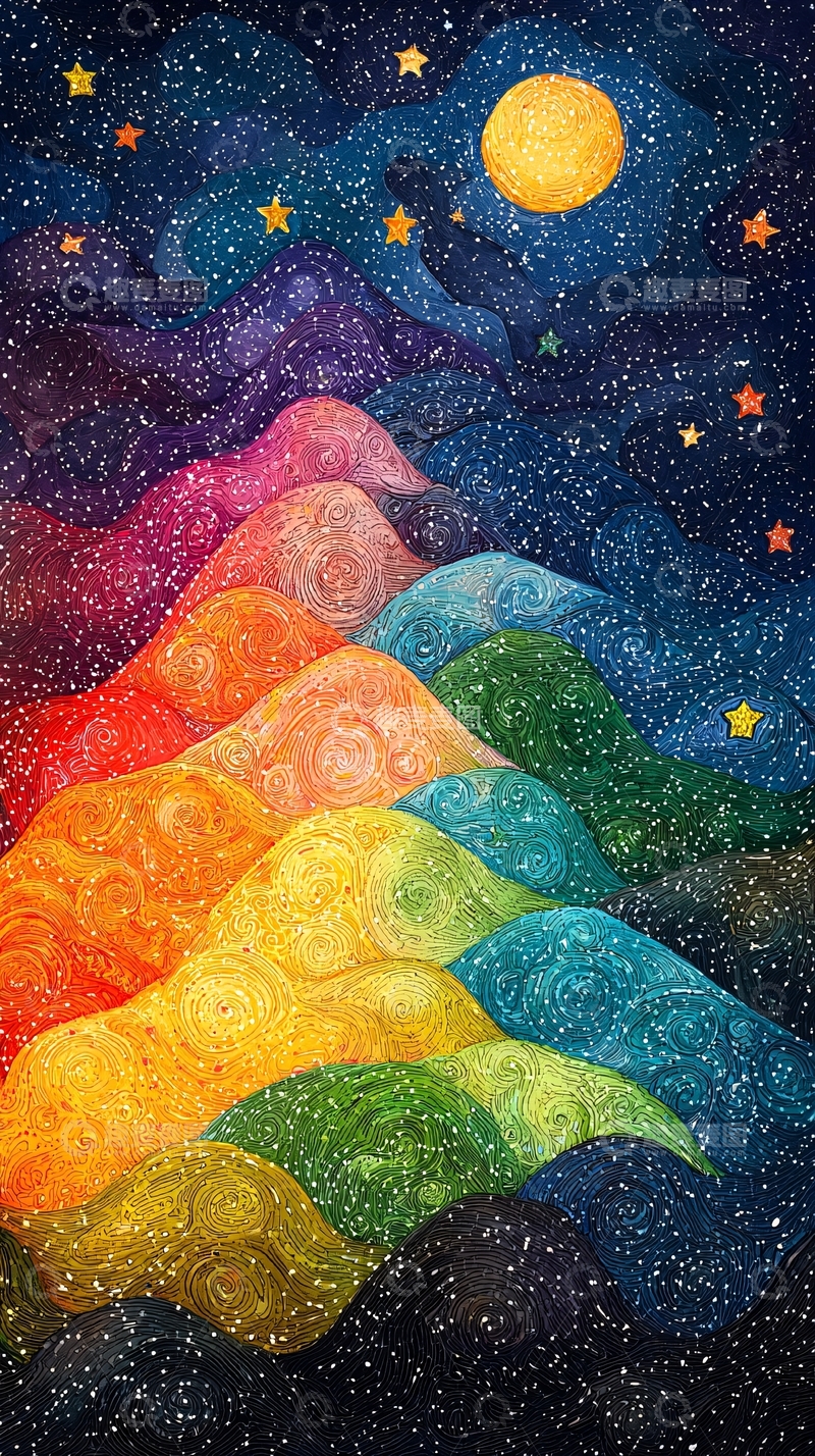 高清大图下载【趣麦麦图】彩色山丘星空夜晚
