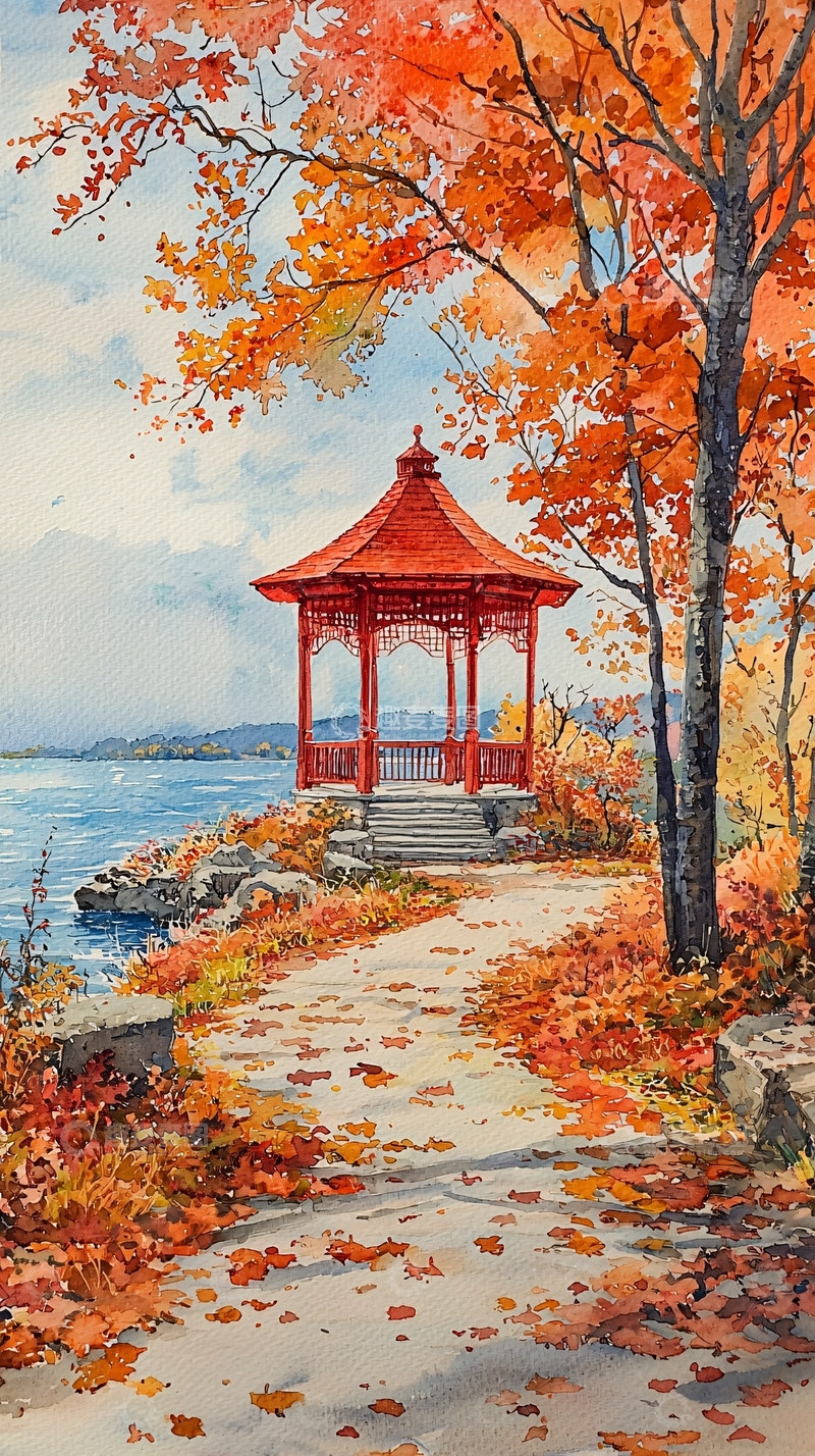 高清大图下载【趣麦麦图】秋日湖畔红色凉亭