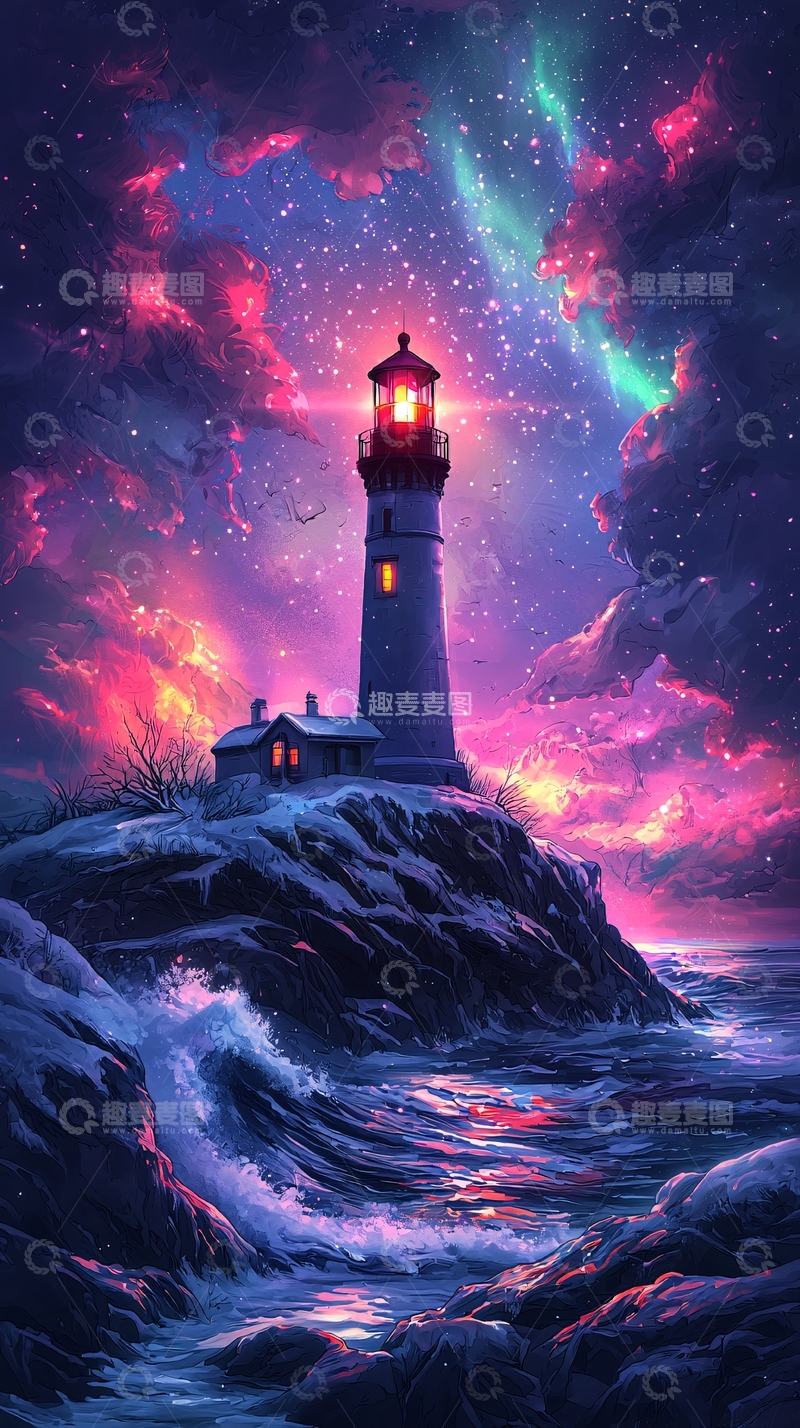高清大图下载【趣麦麦图】极光下的灯塔