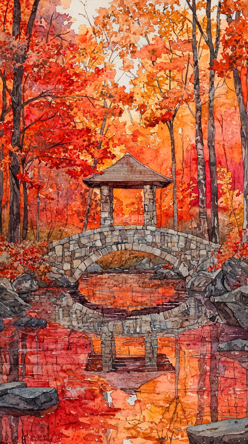 高清大图下载【趣麦麦图】秋日森林石桥水面倒影