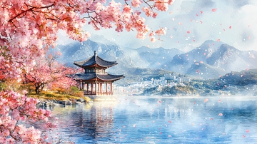 樱花树下的亭子