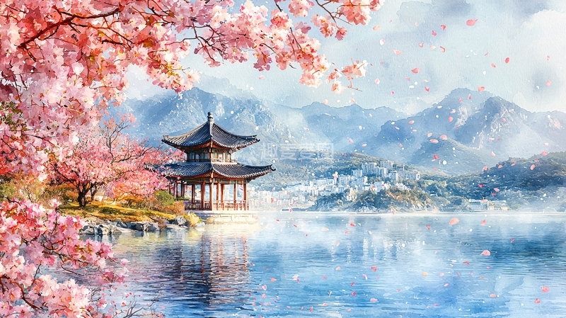 高清大图下载【趣麦麦图】樱花树下的亭子